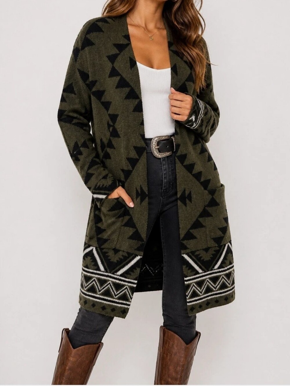 Frye Open Front Cardigan In Aztec Print Of Green Black And White Size M
